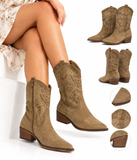 Botas Camperas de Mujer Estilo Cowboy Western, Bordado Calado, Punta Fina, Tacón Ancho de 4,5 cm, Color Taupe – K5088