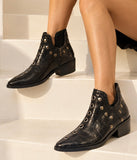 Botines de Mujer Efecto Cocodrilo con Tachuelas y Ojales Metálicos, Punta Fina, Tacón Ancho y Cremallera Lateral – Negro y Burdeos 5801