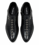 Botines de Mujer Efecto Cocodrilo con Tachuelas y Ojales Metálicos, Punta Fina, Tacón Ancho y Cremallera Lateral – Negro y Burdeos 5801