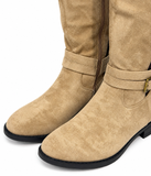 Botas Altas de Mujer Efecto Ante con Hebilla, Caña Elástica, Cremallera Lateral y Tacón Bajo – Marrón y Beige tf8959