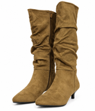 Botas Altas de Mujer con Tacón Bajo Fino, Punta Afilada y Efecto Arrugado – Estilo Elegante SF006