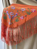 M01-2 Mantón bordado teja con flores y aves con flecos MANT3999