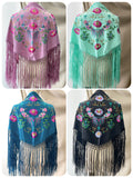M01-2 Mantón bordado con flores y aves con flecos MANT3999
