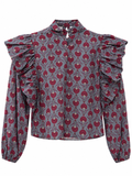 Blusa de Mujer Estampada con Volantes, Cuello Alto y Manga Larga 12780