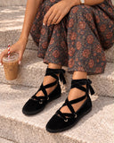 Zapatos Bailarinas Mujer de Terciopelo con Cordones Cruzados, Lazo al Tobillo, Suela Plana, Estilo Casual Elegante, 4 Colores YR913