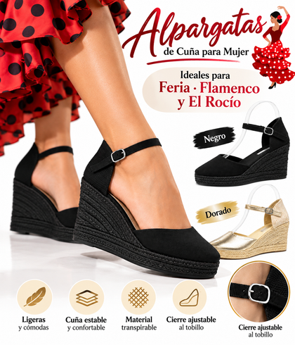 Alpargatas de Cuña para Mujer – Negro y Dorado – Cierre Ajustable – Ideales para Feria, Flamenco y El Rocío 787-5