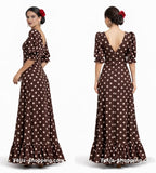 7364 Vestido Flamenco Largo de Lunares con Escote en V y Volante