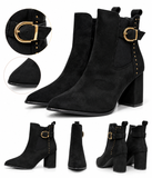 Botines de Mujer con Tacón Ancho, Punta Fina, Hebilla Dorada y Tachuelas – Negro y Marrón sv015