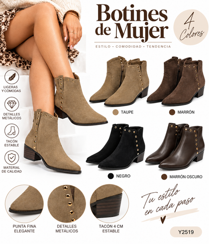 Botines de Mujer Estilo Cowboy con Tachuelas Metálicas, Punta Fina, Tacón Ancho de 4 cm, Cremallera Lateral Y2519