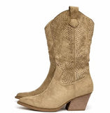 Botas Camperas de Mujer con Bordado Calado, Tacón Ancho de 6 cm, Punta Fina, Estilo Cowboy Western HQ16