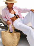 Camisa de rayas finas rosa y blanco de manga larga 798-RS