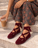 Zapatos Bailarinas Mujer de Terciopelo con Cordones Cruzados, Lazo al Tobillo, Suela Plana, Estilo Casual Elegante, 4 Colores YR913