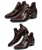 Botines de Mujer Efecto Cocodrilo con Tachuelas y Ojales Metálicos, Punta Fina, Tacón Ancho y Cremallera Lateral – Negro y Burdeos 5801