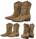 Botas Camperas de Mujer Estilo Cowboy Western, Bordado Calado, Punta Fina, Tacón Ancho de 4,5 cm, Color Taupe – K5088