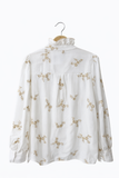 Blusa blanca bordada de manga larga con cuello fruncido 3025-BE