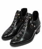 Botines de Mujer Efecto Cocodrilo con Tachuelas y Ojales Metálicos, Punta Fina, Tacón Ancho y Cremallera Lateral – Negro y Burdeos 5801