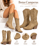 Botas Camperas de Mujer con Bordado Calado, Tacón Ancho de 6 cm, Punta Fina, Estilo Cowboy Western HQ16