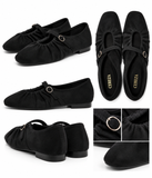 Bailarinas Mujer Estilo Mary Jane de Antelina con Hebilla Dorada -Zapatos Planos Elegantes con Fruncido -4 Colores P154