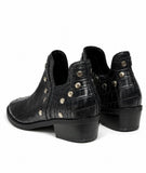 Botines de Mujer Efecto Cocodrilo con Tachuelas y Ojales Metálicos, Punta Fina, Tacón Ancho y Cremallera Lateral – Negro y Burdeos 5801