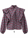 Blusa de Mujer Estampada con Volantes, Cuello Alto y Manga Larga 12780