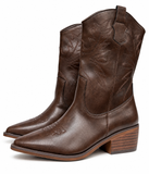 Botas Camperas Cowboy para Mujer Marrón Chocolate con Bordados, Punta Fina, Tacón Ancho y Cremallera Lateral – Estilo Western k5081