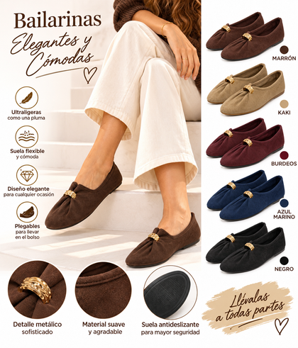 Bailarinas Mujer Elegantes con Adorno Dorado, Zapatos Planos Cómodos, Ligeros y Flexibles 6602b